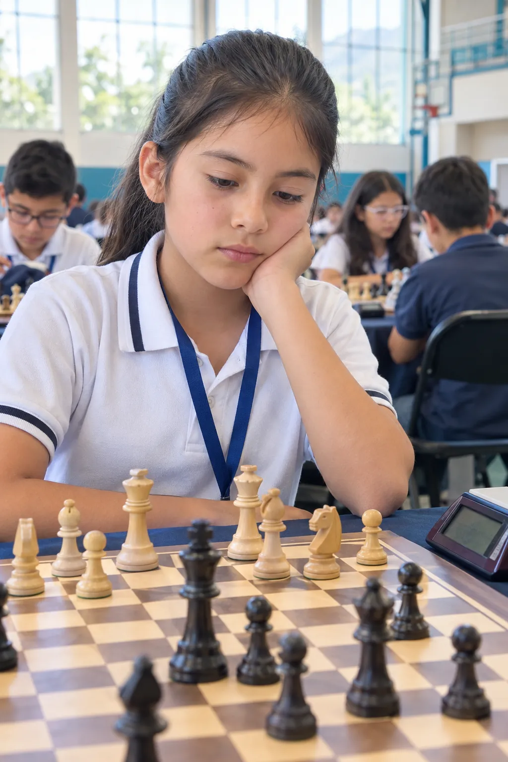 Estudiante concentrada en una partida de ajedrez