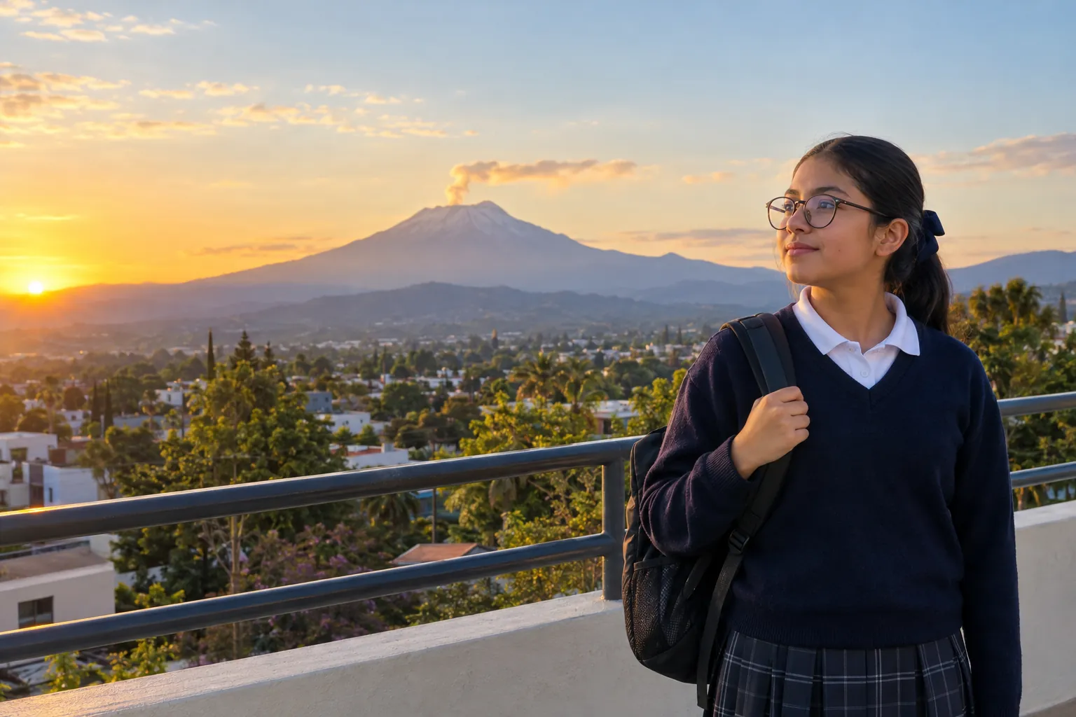 Estudiante con uniforme escolar frente al Popocatépetl al atardecer