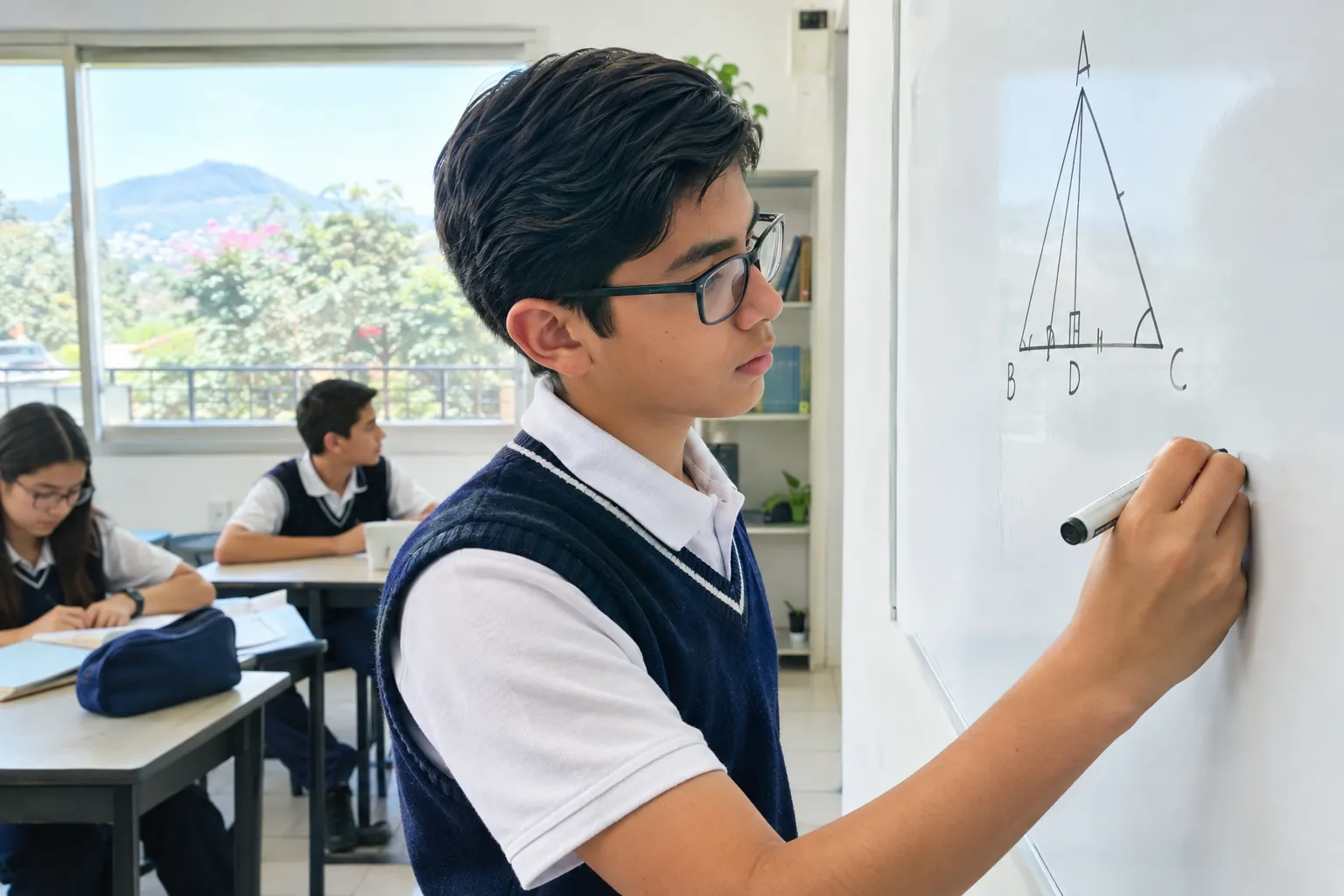 Estudiante resolviendo un problema de geometría en el pizarrón