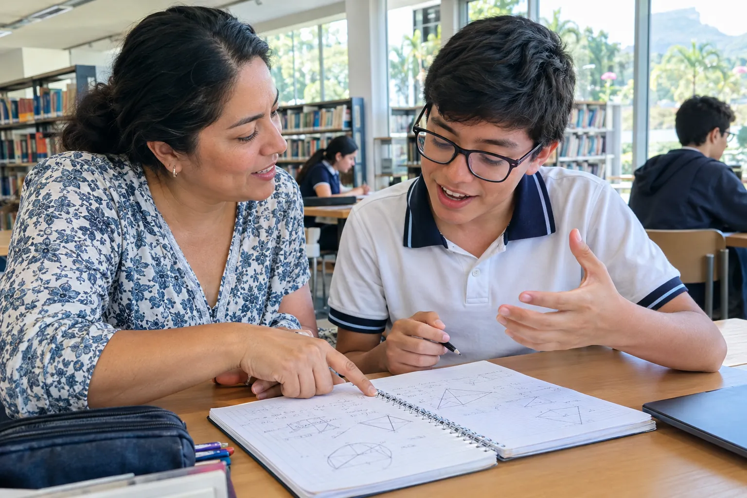 Mentora revisando ejercicios con un estudiante